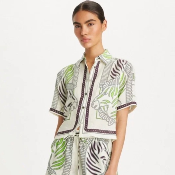 Tory Burch Printed Linen Camp Shirt – Ivory Zebra Scarf (Size Small) | NEW - Picture 3 of 8